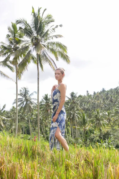 Відкритому Повітрі Портрет Молодої Жінки Рисовому Полі Тропічному Острові Красивими — стокове фото