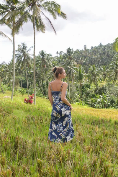 Портрет Молодой Женщины Рисовом Поле Тропическом Острове Красивыми Кокосовыми Пальмами — стоковое фото