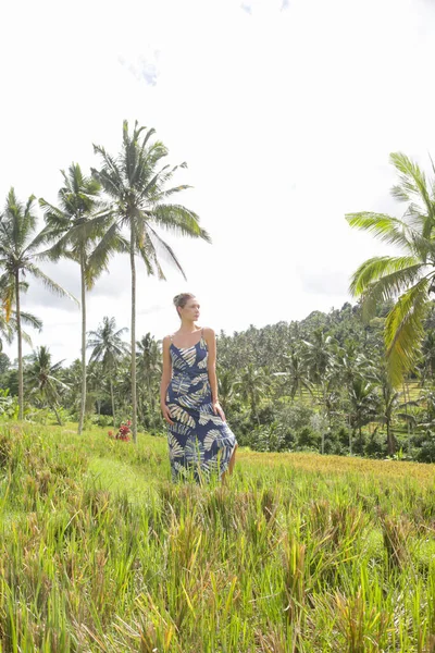 Szabadtéri Divat Portré Fiatal Rizsföldeken Trópusi Szigeten Gyönyörű Kókuszpálmafák Természetes — Stock Fotó
