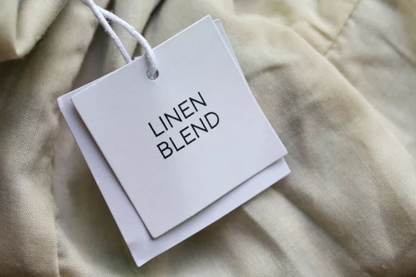 Primer Plano Etiqueta Colgante Ropa Linen Blend Detalles Del Producto — Foto de Stock
