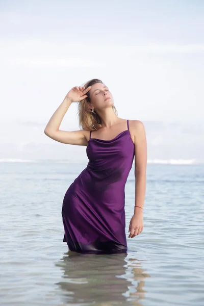 Creative Portrait Female Model Wet Purple Satin Dress Beach Stylish Stock Photo