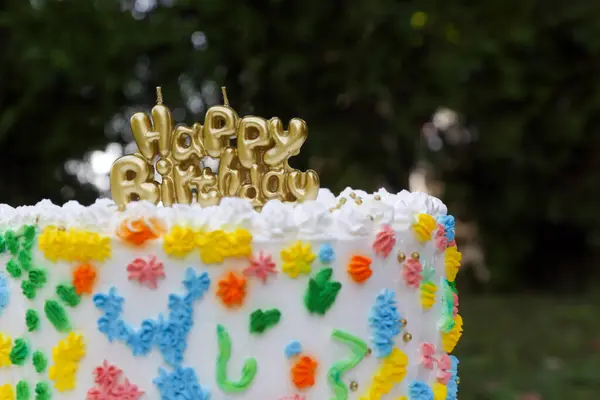 Delicious colorful cake with happy birthday candle