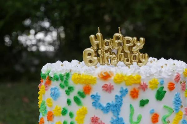 Delicious colorful cake with happy birthday candle