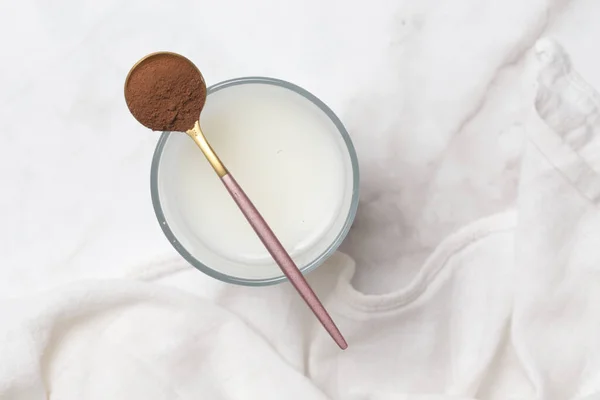 Unsweetened Dark Chocolate Cacao Powder Spoon — Stock Photo, Image
