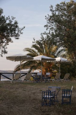 Tropikal bahçede deniz manzaralı Retro tarzı güneş sandalyeleri ve güneş şemsiyesi