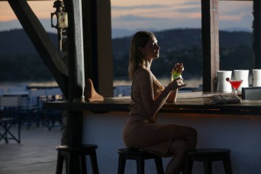 Barda kokteyl içen şık bir kadının yan görüntüsü.