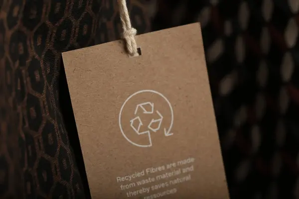 Close up of clothing tag with recycle icon. Recycling products concept. Zero waste, suistainale production, environment care and reuse concept.