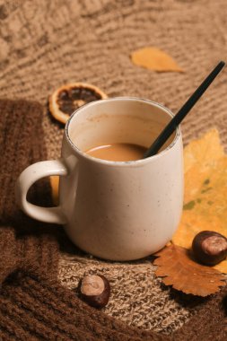 Sıcak kış yaşam tarzı konsepti. Bir fincan sıcak içecek ve sıcak örgü elbiseler..