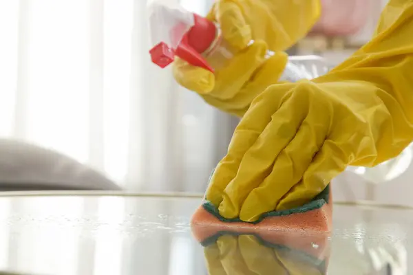 Woman in rubber gloves cleans a coffee table with a spray. Spraying and wiping glass table.