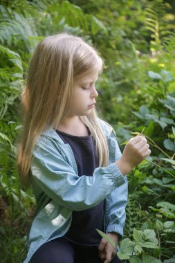 Doğayı keşfeden sevimli küçük bir kız. Çocuk dışarıda oynuyor..