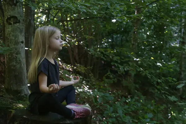 Little girl in lotus position sitting on the tree stump. Forest meditation concept. Peace, mindfulness and relaxation in nature.
