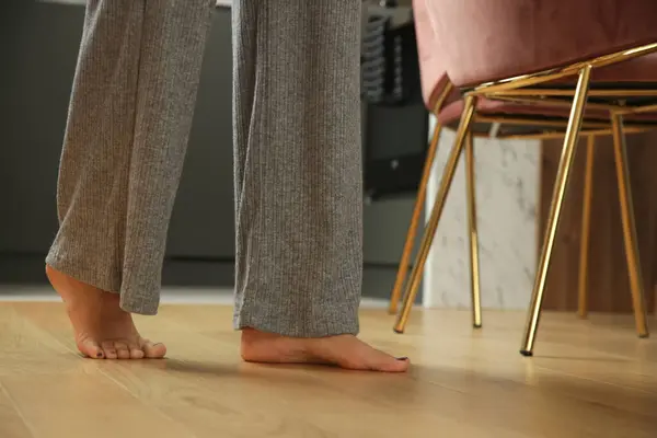 Barefoot Woman Wooden Floor Concept Underfloor Heating Apartment Stock Picture