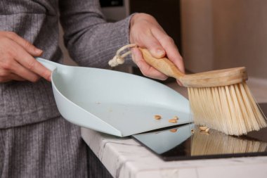 Küçük süpürge ve faraşla apartman dairesini temizleyen kadının ellerini kapat.