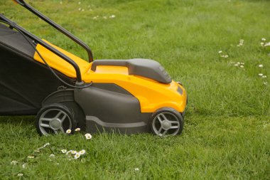 Bahçedeki yeşil çimlerin üzerinde sarı çim biçme makinesi