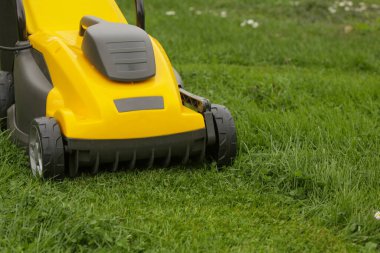 Bahçedeki yeşil çimlerin üzerinde sarı çim biçme makinesi