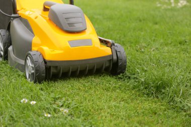Bahçedeki yeşil çimlerin üzerinde sarı çim biçme makinesi
