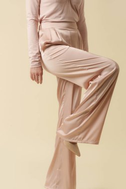 Geniş ipek bebek pantolonu giyen kadın model. Klasik ve zamansız basit moda. Stüdyo çekimi.