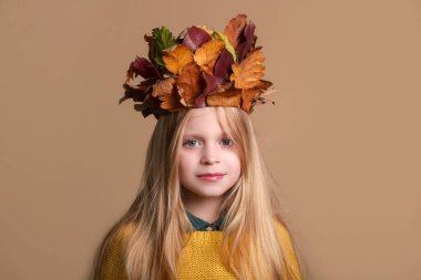 Uzun sarı saçlı, mavi gözlü, kuru sonbahar yapraklarından taç takan sevimli küçük kız sonbahar yapraklarıyla ilgili fikir üreten çocuklar..