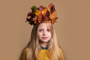 Uzun sarı saçlı, mavi gözlü, kuru sonbahar yapraklarından taç takan sevimli küçük kız sonbahar yapraklarıyla ilgili fikir üreten çocuklar..