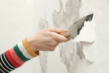 Duvardaki güherçile ya da küf sorunu. Kadın, sağlam bir yüzeye ulaşana kadar kötü durumdaki boya ve alçıyı kazıyıp çıkarmak için kazıyıcı kullanıyor..