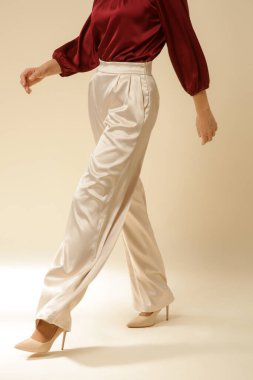 Serie of studio photos of young female model wearing simple silk satin  beautiful outfit, burgundy blouse and beige wide leg trousers. clipart