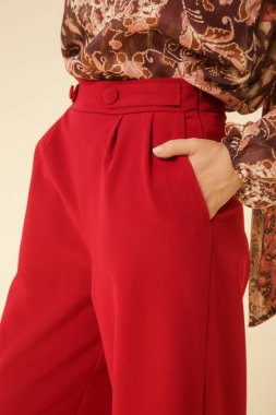 Stüdyo fotoğrafları, güzel sonbahar kıyafetleri, sonbahar desenli boho bluz ve kırmızı geniş paçalı pantolon giyen genç kadın modeller.