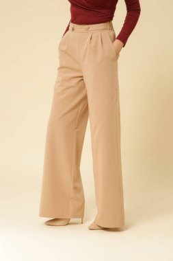 Stüdyo fotoğrafları. Geniş bel ve bej pantolon giyen genç bir manken.