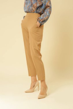 Serie of studio photos of young female model wearing basic cigarette cropped beige trousers clipart