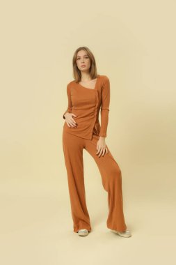 Temel rahat örgü ören kadın modelin stüdyo fotoğrafları, sonbahar moda koleksiyonu..