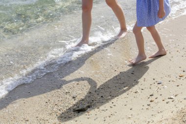 Kumsalda anne ve çocuğun çıplak ayakları..