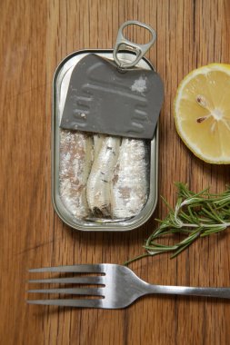 Açık sardalya tenekesinin genel manzarası, günlük protein alımının büyük kaynağı.