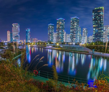 Sonbaharda gece görüşü ve Songdo Bölgesi, Incheon Güney Kore 'deki Songdo Central Park' ta güzel aydınlatılmış..