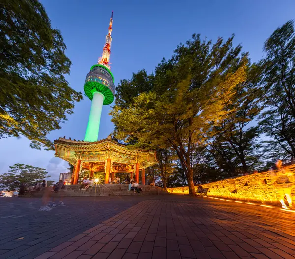 Город Панорама Сеул Ночью Башня Намсан Северная Сеульская Башня Возвышается Стоковая Картинка