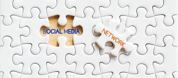 Network and social media word on jigsaw puzzle background, banner, Technology business communication concept