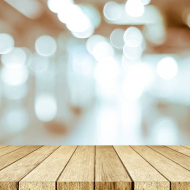 Perspektif ahşap, masa üstü ve Bokeh, ürün gösterim şablonu ile soyut arkaplan bulanıklığı