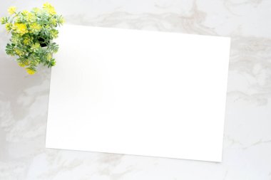 Boş beyaz bir not kağıdına beyaz mermer zemin, düz yatıyordu, en iyi görünüm, şablon