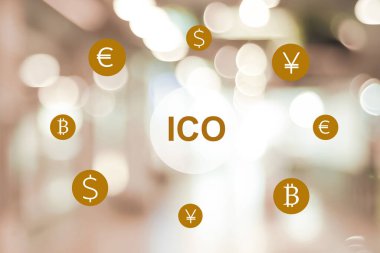 ICO, İlk Para Teklif, bulanık arkaplan, afiş, Şifreleme, Bitcoin ve ICO Dijital Elektronik Piyasa Borsası Endeksi kavramları üzerine sanal ekranda simge