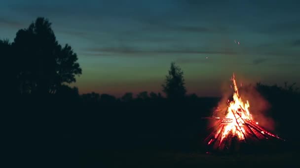 夏夜蓝天下 篝火熊熊燃烧 木头着火了飞行火花 旅行和旅游概念 巨焰熊熊熊烈火 静态射击 — 图库视频影像