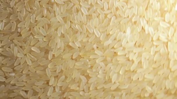Droge Ongekookte Voorgekookte Rijst Achtergrond Draaiende Tegen Klok Bovenaanzicht Verspreid — Stockvideo