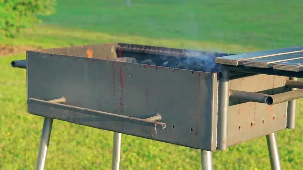Burning Fire Smoke Empty Brazier Summer Daytime Outdoors Preparing Barbecue — стоковое видео