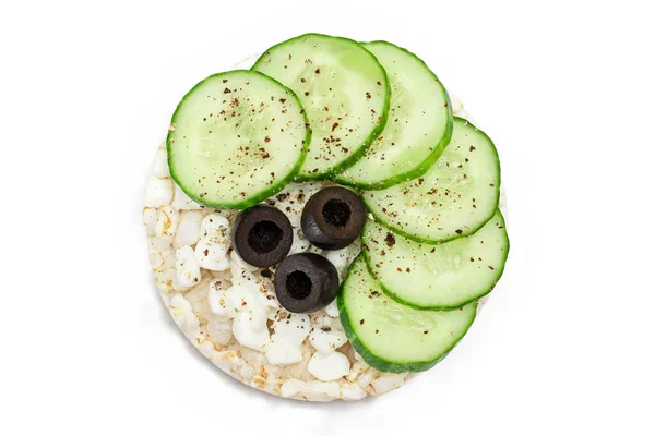 Rice Cake Sandwich with Fresh Cucumber, Cottage Cheese and Olives - Isolated on White. Easy Breakfast. Quick and Healthy Sandwiches. Crispbread with Tasty Filling. Healthy Dietary Snack - Isolation