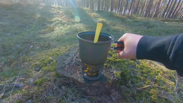 Camp Food Cooking Hike Using Small Cook Set First Person — Wideo stockowe