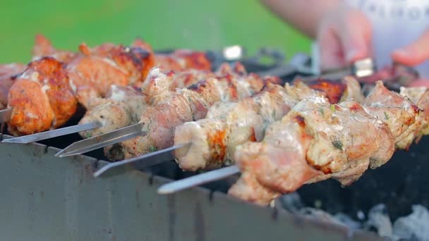 Man Cooking Pork Barbecue Summer Daytime Outdoors Close Static Shot — Αρχείο Βίντεο