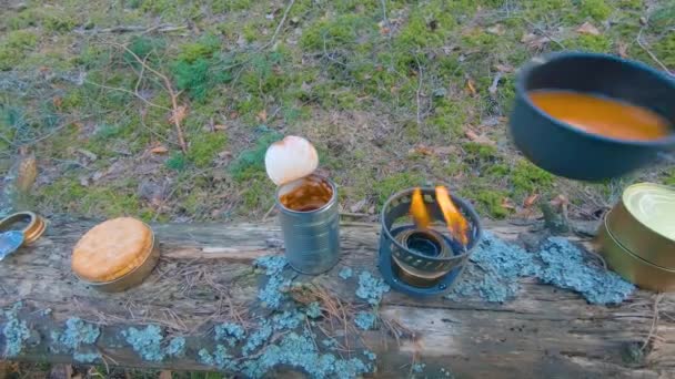 Camp Food Cooking Hike Using Small Cook Set First Person — Video Stock