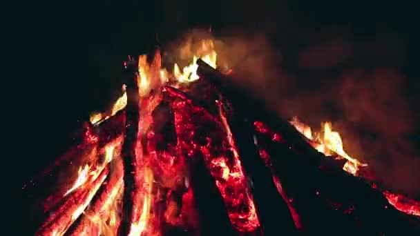 Big Campfire Está Ardiendo Por Mañana Temprano Por Noche Contra — Vídeos de Stock