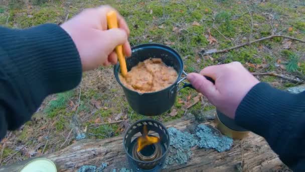 Camp Food Cooking Hike Using Small Cook Set First Person — Stock Video