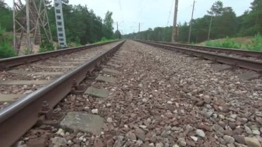 Çam Ormanı 'ndan geçen demiryolu boyunca ilerliyoruz. Avrupa Elektrik Treni Treni - Gimbal Dengeleyicisinde Yumuşak Hareket