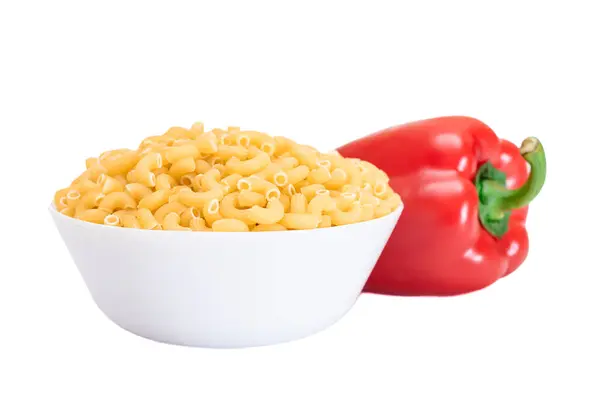 Uncooked Chifferi Rigati Pasta White Cup Red Bell Pepper Isolated — Stock Photo, Image