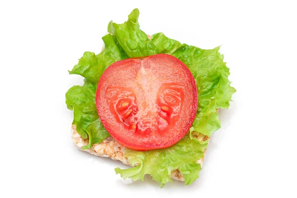 Rice Cake Sandwich Tomato Lettuce Isolated White Easy Breakfast Diet — Stockfoto