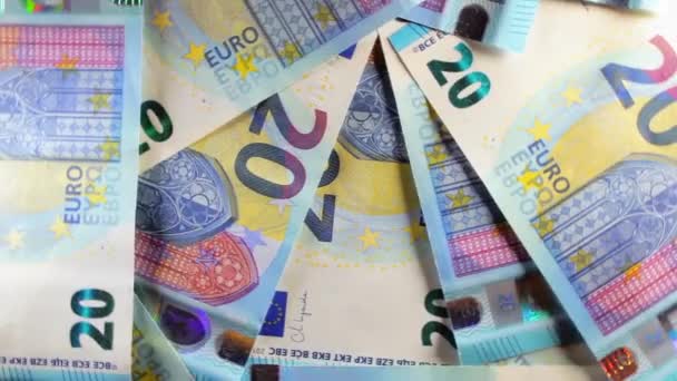 Euro Räkningar Roterande Pengar Bakgrund Ovanifrån Valuta För Europengar Blåpapperspengar — Stockvideo